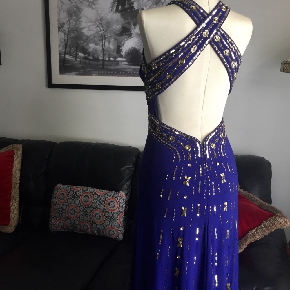 VTG Y2K Halley Logan Royal Blue Crisscross Beaded Halter Dress. Worn Once - Picture 3 of 16